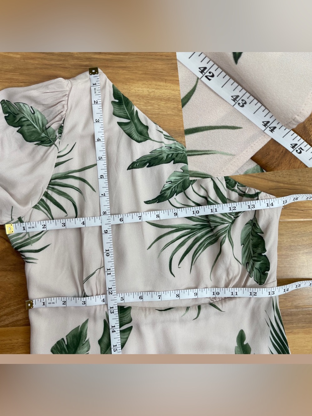 KAOS One Shoulder Tropical Palm Print Midi Dres Beige Botanical Resort Wedding S - Picture 7 of 9
